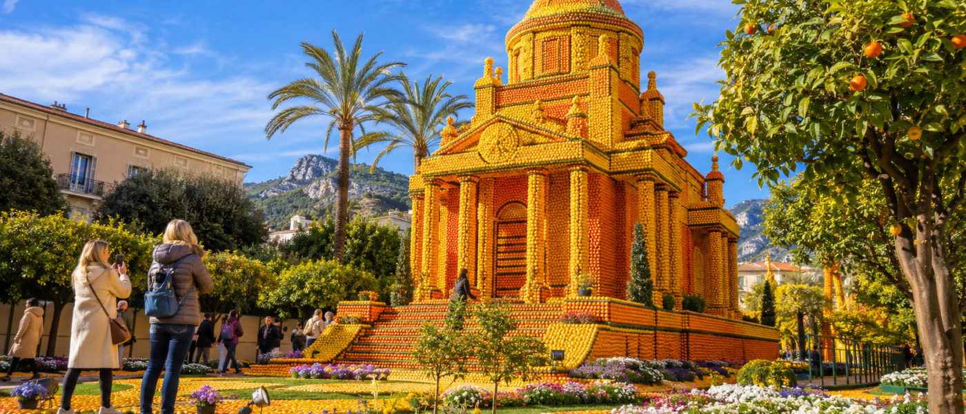 Grand décor composé de citrons et d’oranges dans les jardins de Menton, lors de la Fête du Citron.