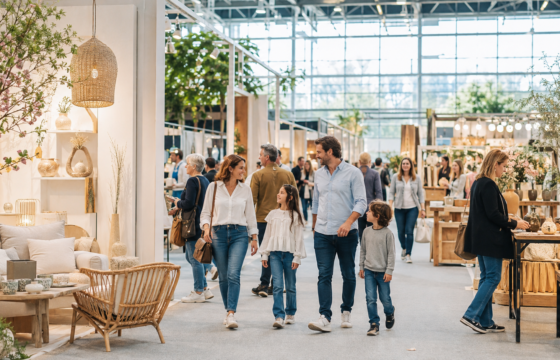 Visiteurs parcourant des stands de décoration, d’artisanat et d’aménagement lors d’un grand salon à Paris.