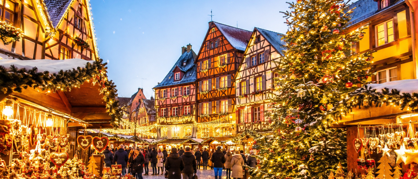 Chalets décorés et grand sapin illuminé dans un village alsacien aux maisons à colombages.