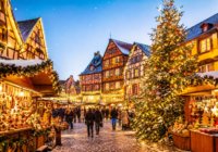 Chalets décorés et grand sapin illuminé dans un village alsacien aux maisons à colombages.