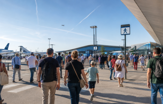 Visiteurs admirant une démonstration aérienne près d’avions exposés au Salon du Bourget.