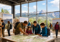 Visiteurs préparant une randonnée autour d’une carte, dans un salon dédié aux activités de plein air.