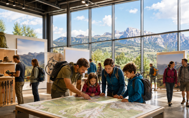 Visiteurs préparant une randonnée autour d’une carte, dans un salon dédié aux activités de plein air.