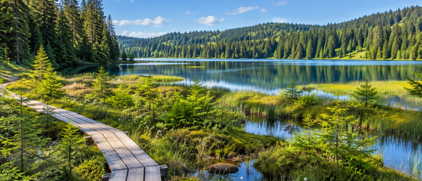 Platelage en bois au bord d’un lac jurassien, entouré d’épicéas près de la Forêt du Risoux.