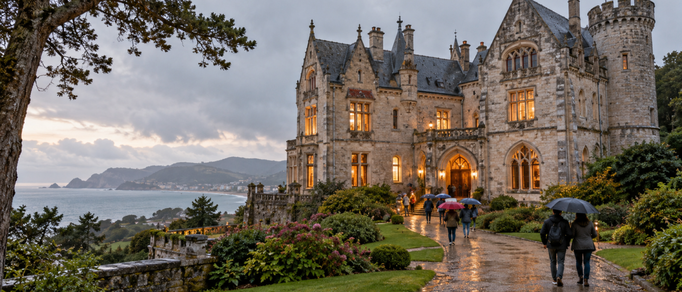 Château d’Abbadia éclairé sous une pluie fine, avec des visiteurs munis de parapluies à Hendaye.