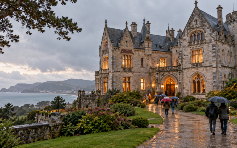 Château d’Abbadia éclairé sous une pluie fine, avec des visiteurs munis de parapluies à Hendaye.