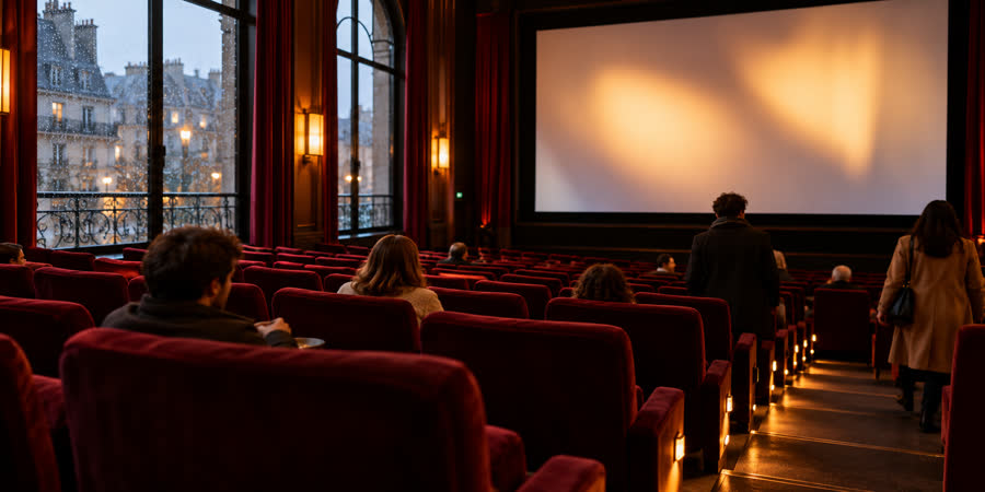 Visiteurs s’installant dans une salle de cinéma chaleureuse pendant une journée pluvieuse.