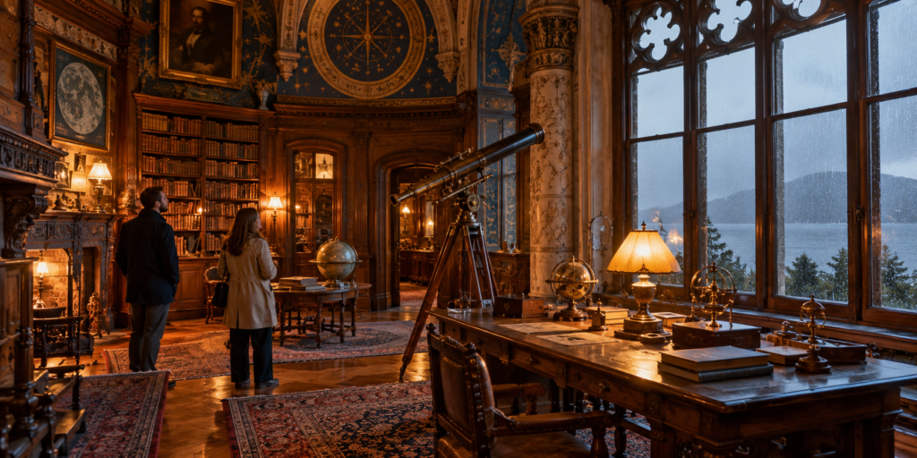 Intérieur décoré du château d’Abbadia avec télescope, bibliothèque et pluie visible par les grandes fenêtres.