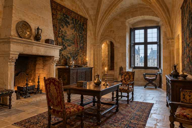 Intérieur historique aux voûtes de pierre, inspiré d’une demeure ancienne de Sarlat.