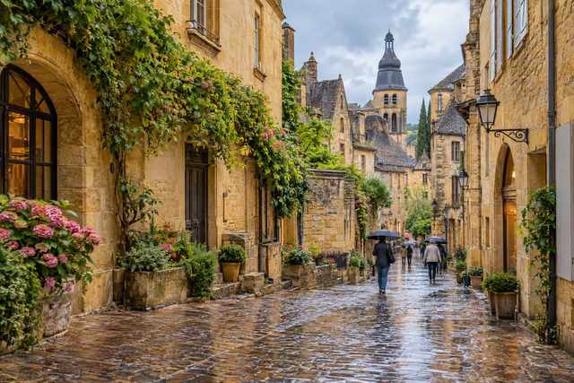 Rue médiévale de Sarlat sous la pluie avec des visiteurs équipés de parapluies.