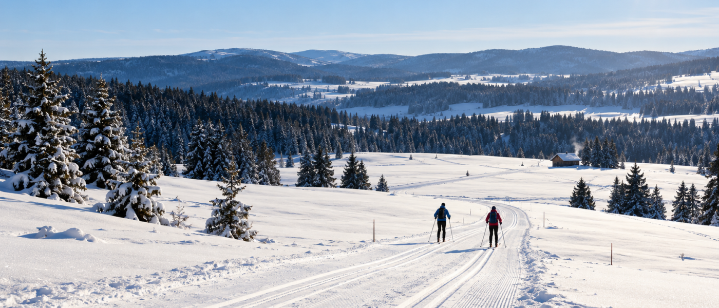 Skieurs de fond sur la Grande Traversée du Jura sous la neige.