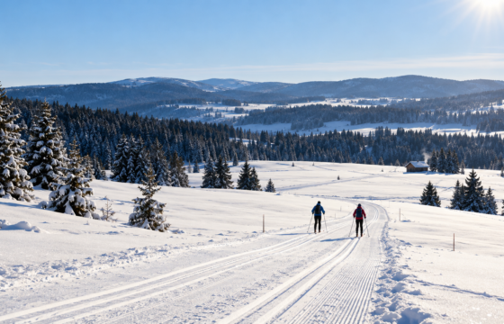 Skieurs de fond sur la Grande Traversée du Jura sous la neige.