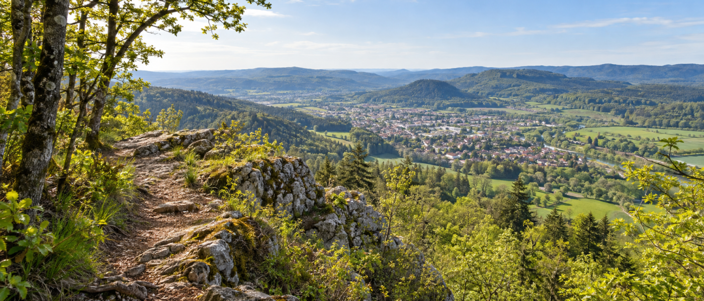 Sentier de randonnée et panorama lumineux sur les collines du Jura depuis le Mont Rivel.