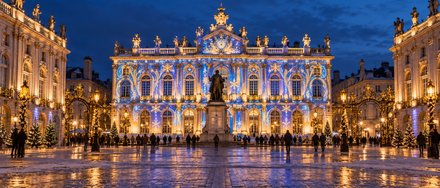 Place Stanislas illuminée pendant les Fêtes de Saint-Nicolas à Nancy.