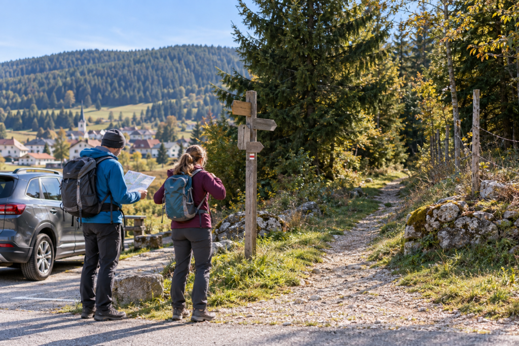 Randonneurs préparant leur départ sur un sentier près de Lamoura